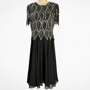 Lawrence Kazar Dress Vintage Sequin Beaded Formal Black Silver Women's Medium‎